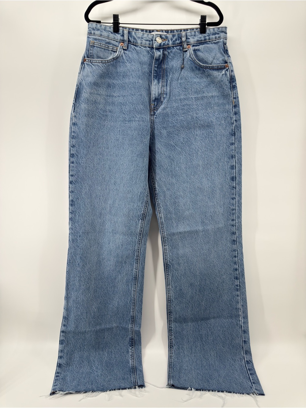 ZARA 90s High Rise Wide Leg Denim Jeans Raw Hem sz 12 x 35 long tall blue
